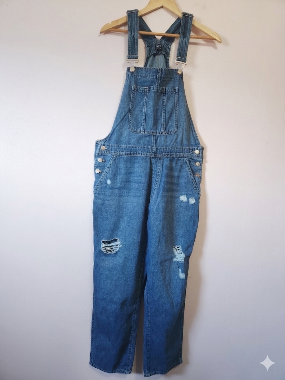 GAP Dark Dolly Slouchy Denim Overalls Distressed Ripped Knee Bib Size L Oversize
